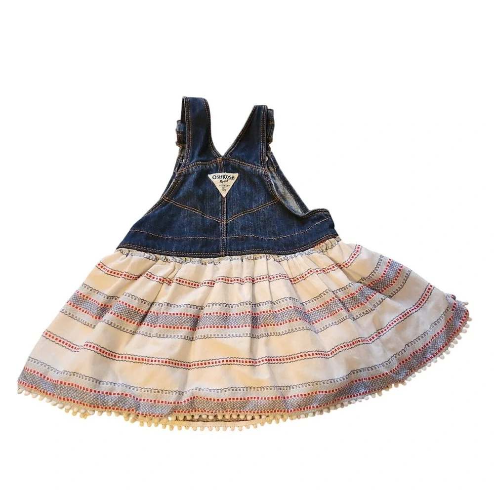 OshKosh B'gosh Kids Denim Overalls Dress Striped Skirt White Red Blue 18-24month